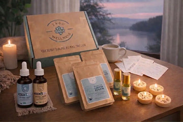 mushroom coffee and aromatherapy wellness ritual setup with candles and essential oils